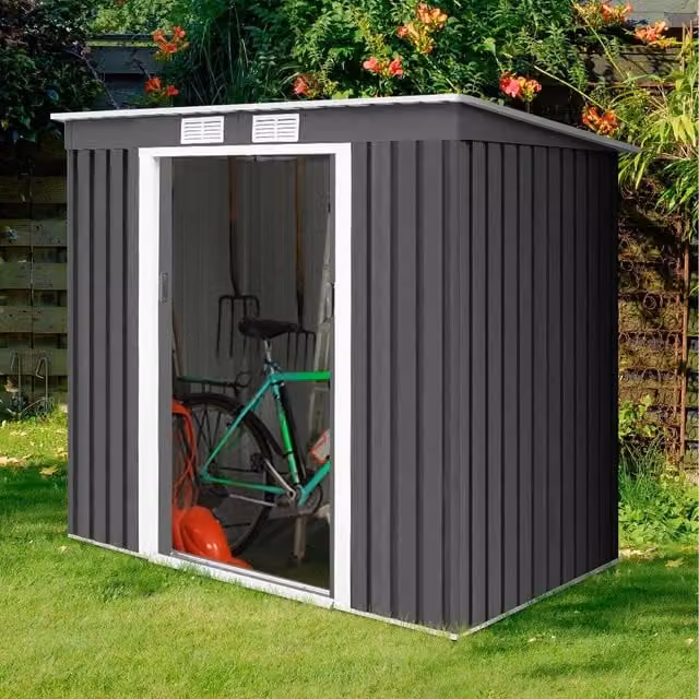 Costway Grey Metal Outdoor Garden Storage Shed with Pent Roof and Sliding Doors, W/D/H: 173 x 130 x 130 cm