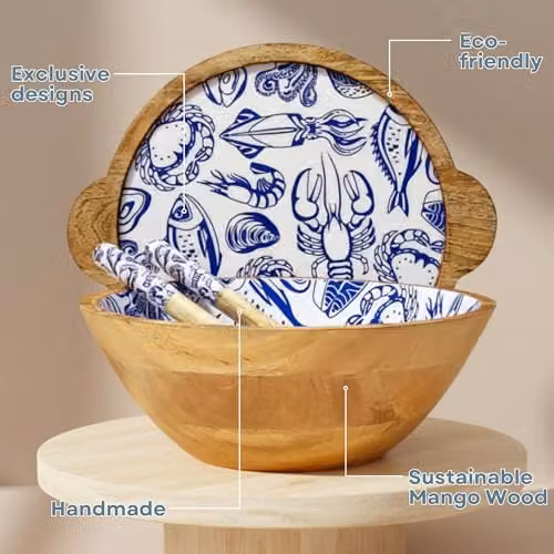 Hartsmede Mango Wood Salad Bowl with Lid and Spoons, Ocean Blue – 2