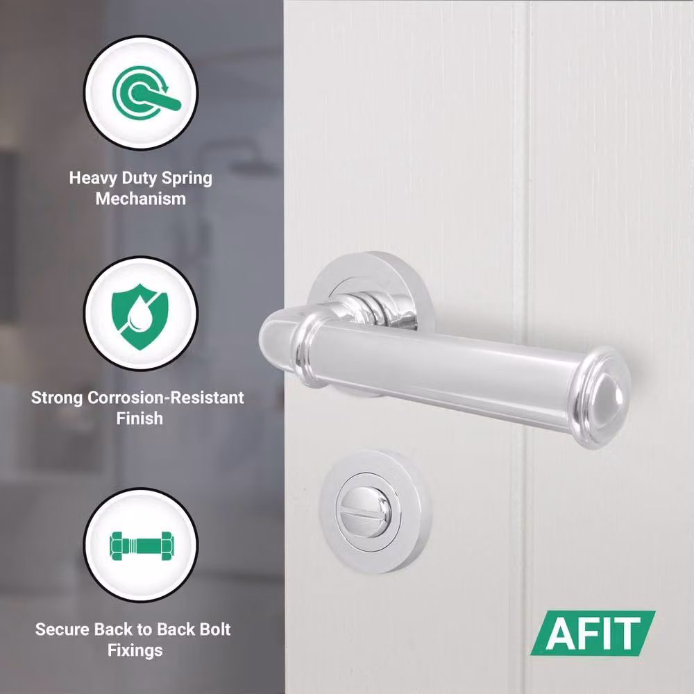 AFIT Polished Chrome Bathroom Door Handle Set with Lock and Hinges in Silver – 2
