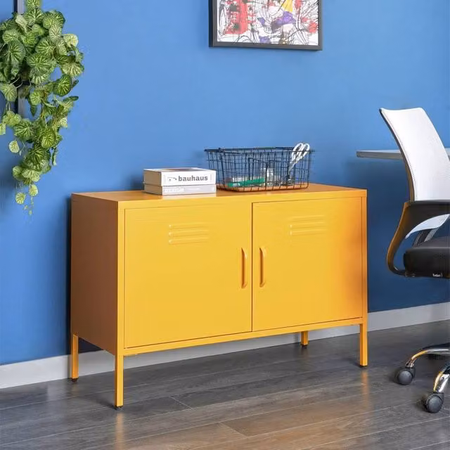 Wyld and Coco Industrial 2-Door Steel Sideboard in Matt Yellow – 1