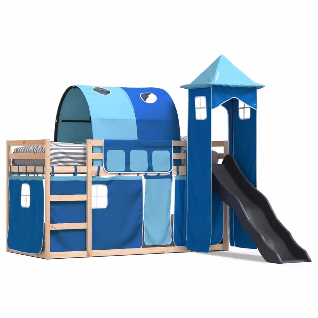 Berkfield Home Blue Solid Wood Childrens Bunk Bed with Slide and Curtains W: 80 cm, L: 200 cm – 2