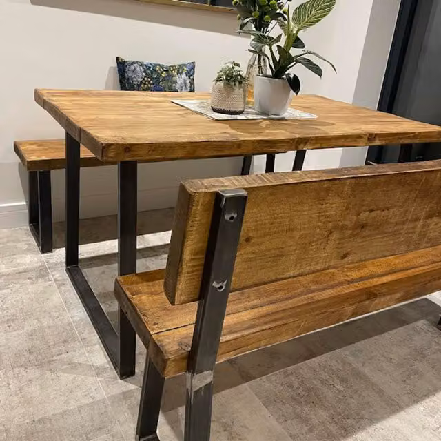 TRL Handmade Furniture Grey Wash Rustic Industrial Dining Set with Table and Two Benches, Brown, W: 200 cm, D: 80 cm, H: 80 cm