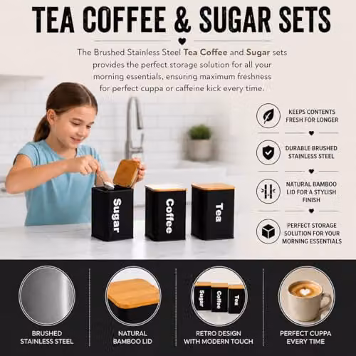 Almineez Set of 3 Black Stainless Steel Tea Coffee Sugar Canisters with Airtight Bamboo Lids – 2