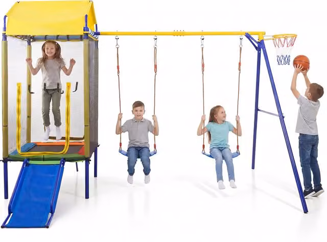 COSTWAY 5-in-1 Backyard Kids Swing Set in Yellow and Multicolour
