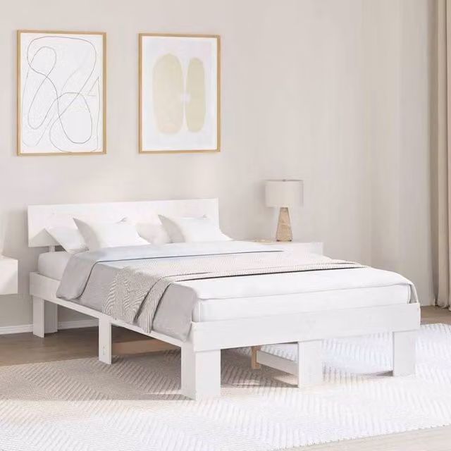 Berkfield Home White Solid Pine Wood Bed Frame with Headboard W/D/H: 120 x 190 cm