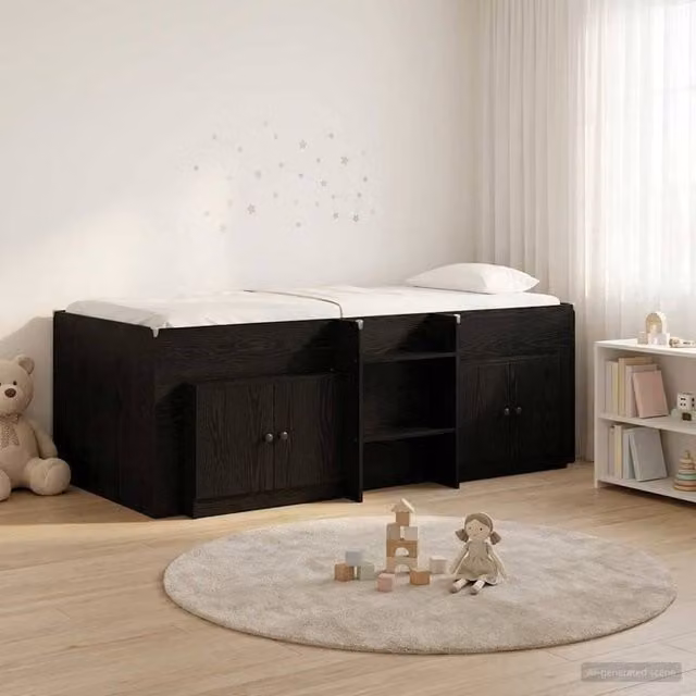 Berkfield Home Loft Bed Frame with Cabinet and Side Compartments in Black Engineered Wood – 1