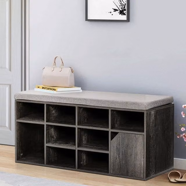 Livingandhome Modern Grey Hallway Shoe Storage Bench Cabinet with Fabric Padded Cushion Seat