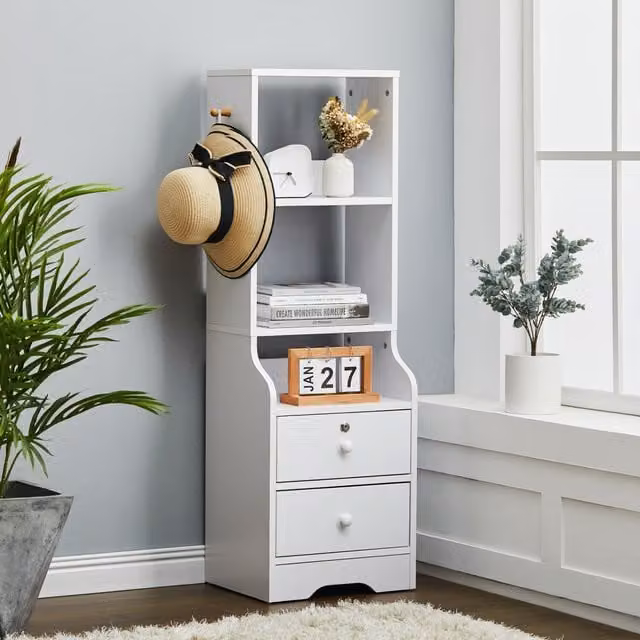 Livingandhome Narrow Bedside Table with Compartments and Drawers in White, W/D/H: 37 x 37 x 114.5 cm