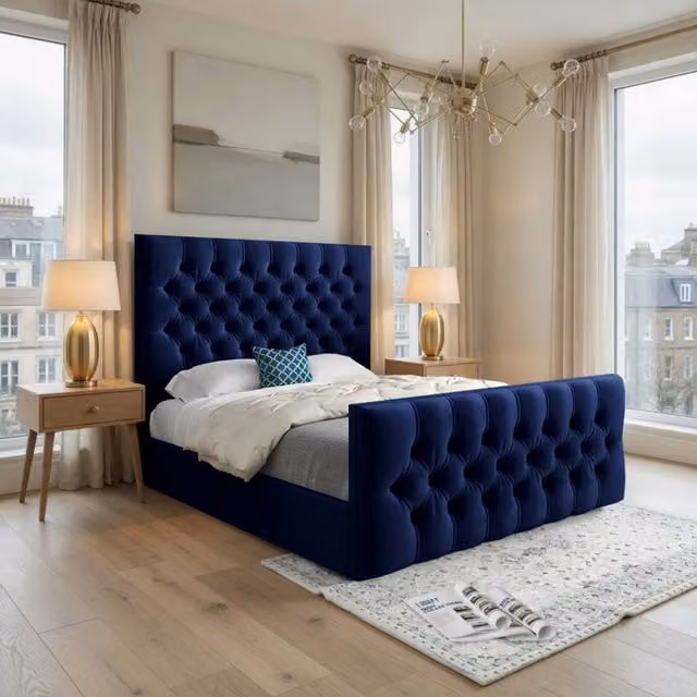 KDMD Rothwell Chesterfield Upholstered Velvet Bed Frame, Blue, W/D/H: 180 x 159 x 137 cm – 1