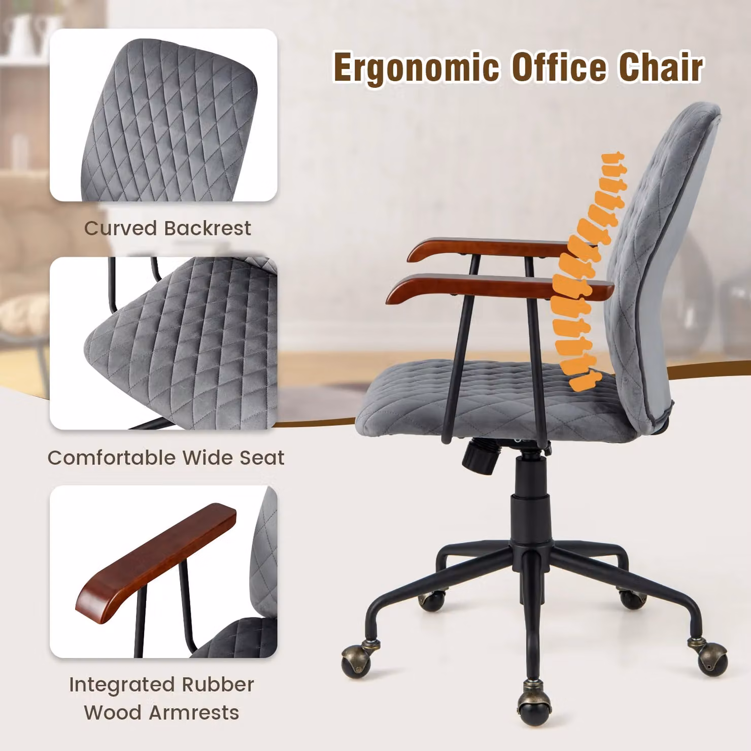 Costway Grey Velvet Swivel Task Chair with Armrests and Castors for Home Office – 3
