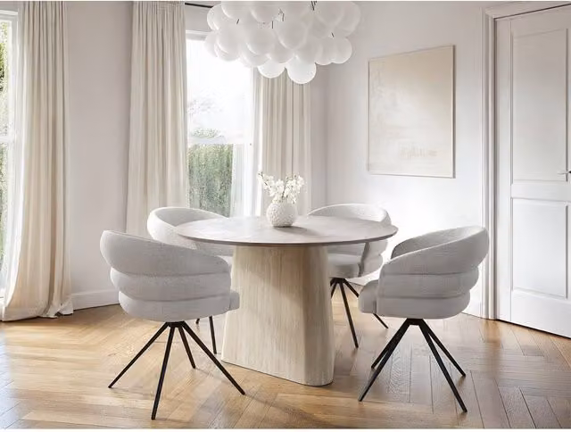 Solace+Co Elin Round Ceramic Dining Table and Eira Chairs Set in Beige and Cream, Diameter: 120 cm, Height: 75 cm – 1