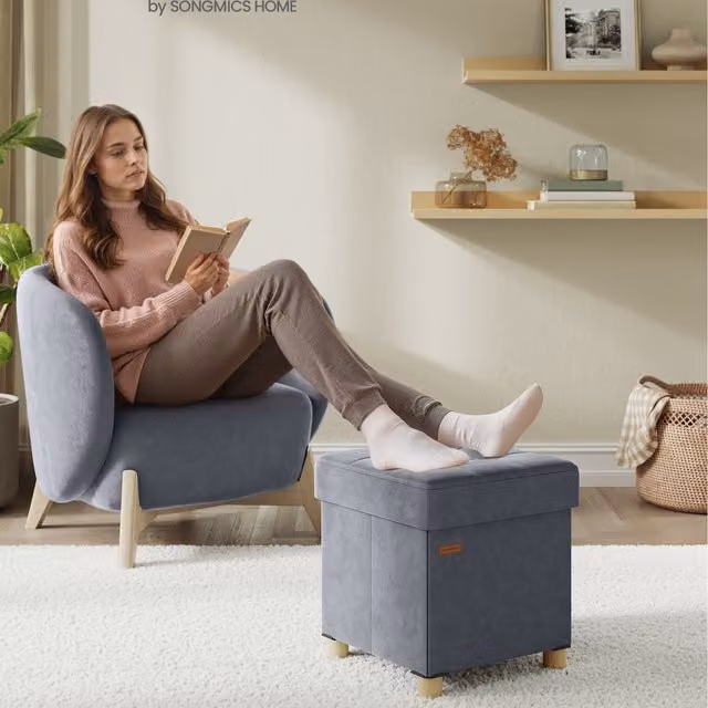 SONGMICS Small Velvet Storage Ottoman in Grey, W/D/H: 38 x 38 x 40 cm
