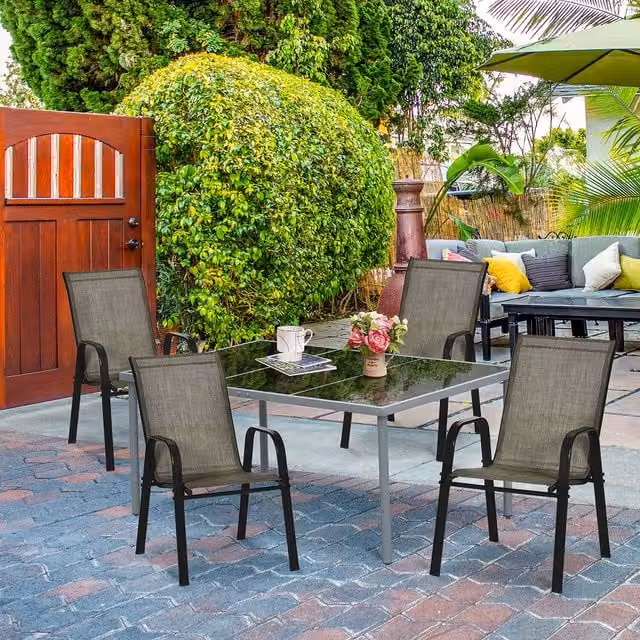Outsunny Set of 4 Stackable Modern Garden Dining Chairs with Armrests in Brown Textilene and Metal