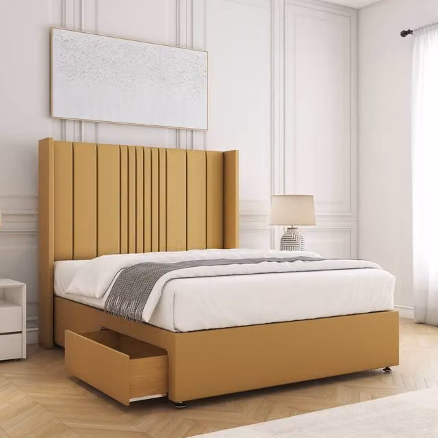 BSSPOKE Charlotte Super King Divan Bed with 54 inch Plush Headboard and 2 Drawers in Mustard Yellow Velvet Fabric W/D/H: 200 x 167.6 x 30.48 cm