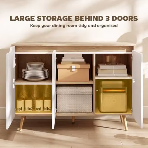 HOMCOM White and Oak Sideboard Storage Cabinet with Rubberwood Legs – 3