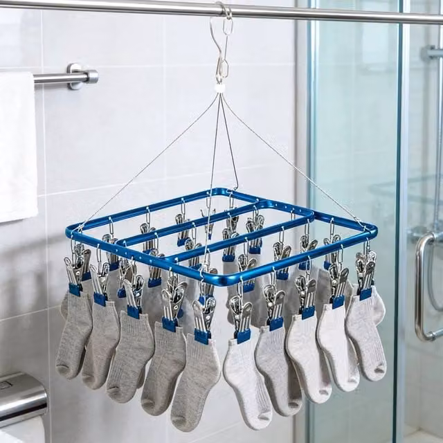 EONLION Blue Aluminium Alloy Multi-Clip Drying Rack with Windproof Hooks, Width: 100 cm