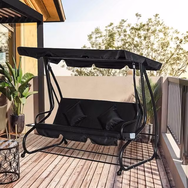Outsunny 2 in 1 Modern Patio Swing Chair Bed with Sun Canopy and Cushions, Black