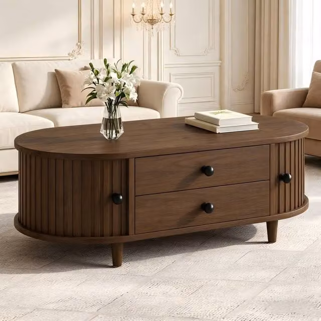 ModernLuxe Oval Coffee Table with Sliding Doors and Drawers in Walnut – 1