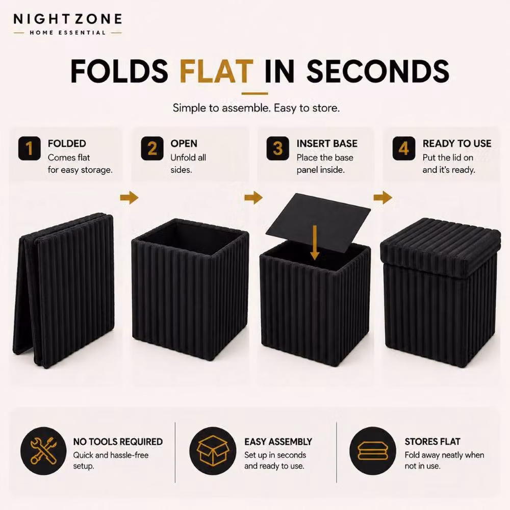 Homes-Linen Corduroy Ribbed Foldable Storage Ottoman in Black, W/D/H: 38 x 38 x 38 cm – 3