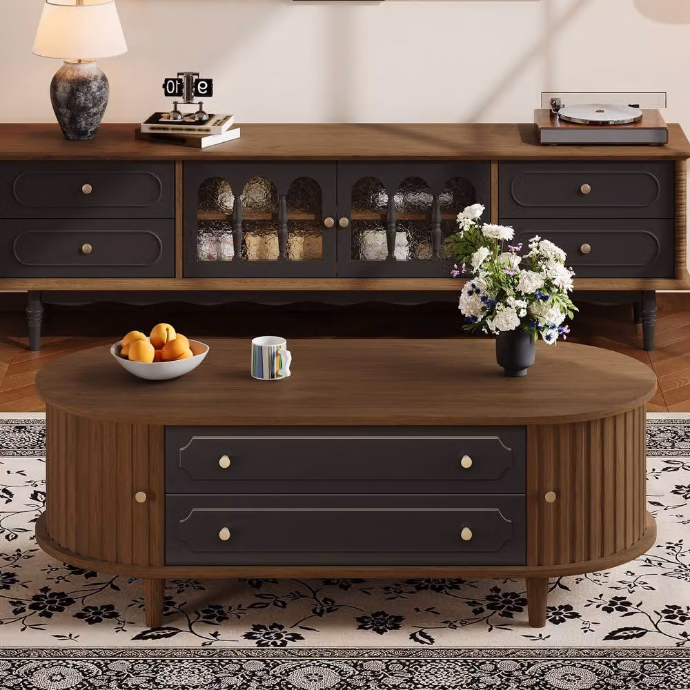 Merax Walnut and Black Oval Coffee Table with Two Drawers and Roll Up Doors – 6