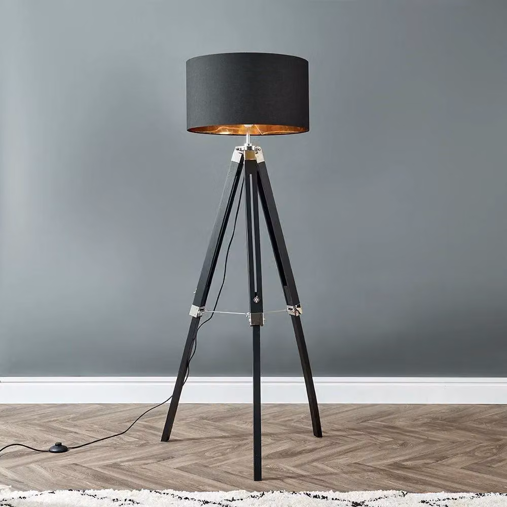 ValueLights Modern Black Wood and Chrome Tripod Floor Lamp with Black and Gold Fabric Drum Shade – 2