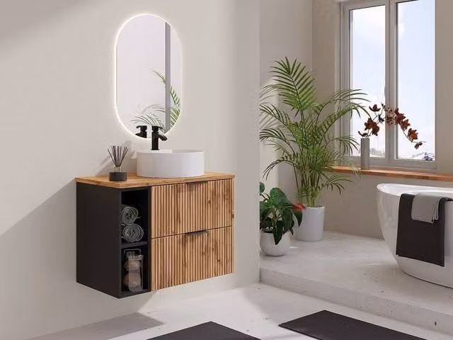 Madela Suspended Striped Bathroom Vanity Unit with Niches and Round Design in Matt Black