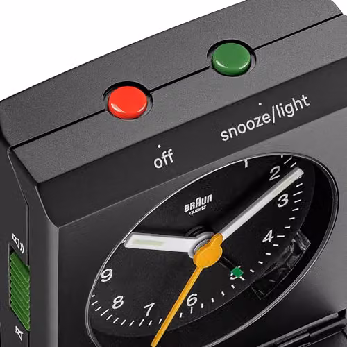 Braun Classic Analogue Travel Alarm Clock with Snooze and Light in Black, Model BC05B – 9