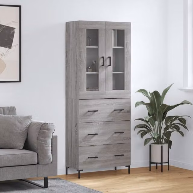 Berkfield Home Modern Grey Highboard with Glass Doors and Internal Shelves, W/D/H: 69.5 x 34 x 180 cm – 1