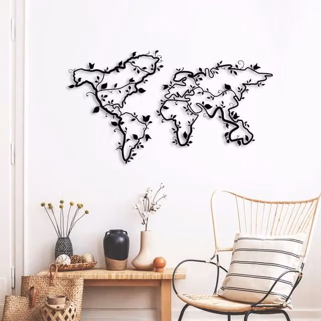 Decortie Ivy World Modern Floral Metal Wall Art, Black, W/D/H: 110 x 61 x 1 cm