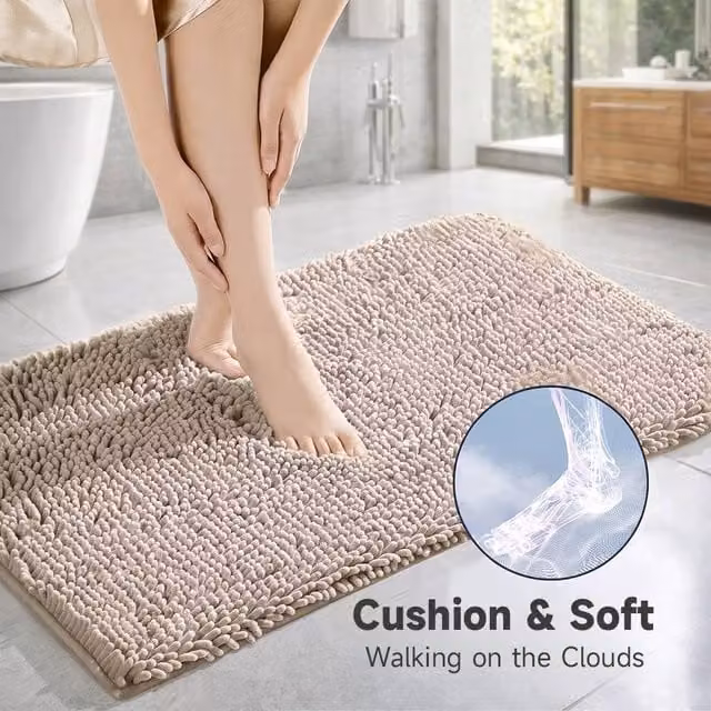 YnysTec Non-slip Water-absorbent Chenille Bathroom Mat and Hallway Rug in Beige, W 60 cm x D 90 cm