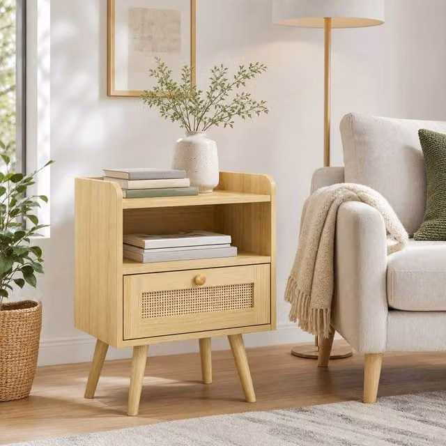 STILVORA Set of 2 Rustic Pine Bedside Tables with Rattan Drawer and Shelf in Beige – 1