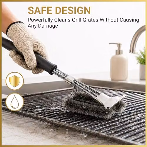 SHATCHI Heavy Duty BBQ Cleaning Brush with Scraper, Stainless Steel Wire Bristles and Long Handle for Gas or Charcoal Grills, Black and Silver – 7
