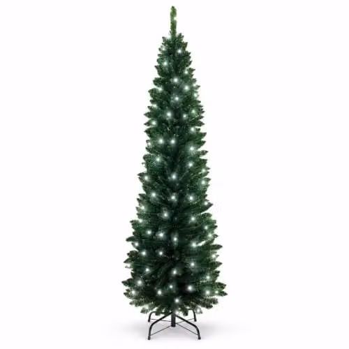 Shatchi Green Slim Pencil Artificial Christmas Tree with Cool White LEDs and Metal Stand, Height: 1.5 m – 1