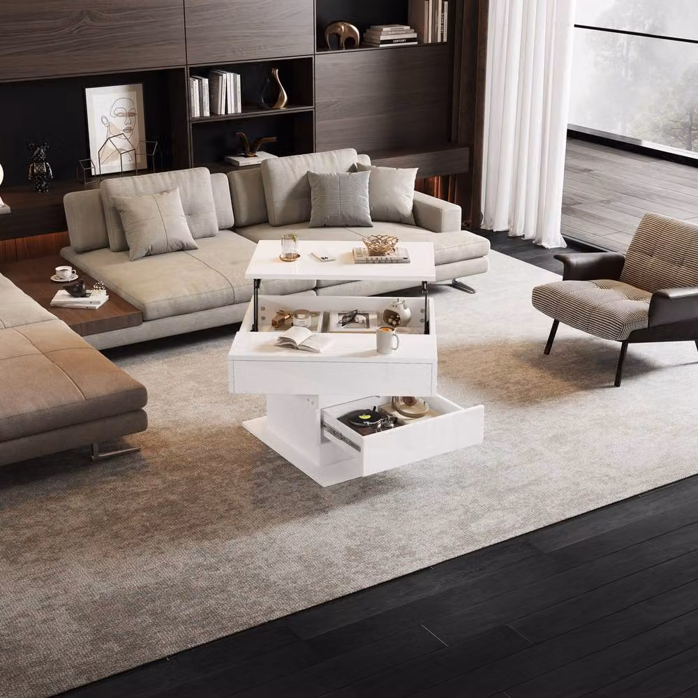 Rolipo White High Gloss Square Lift Top Coffee Table with Rotating Centre and Height Adjustment – 4