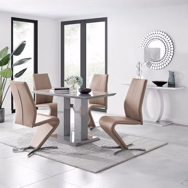 FurnitureboxUK Imperia 4 Modern Grey High Gloss Rectangular Glass Dining Table and 4 Willow Chairs Set in Cappuccino