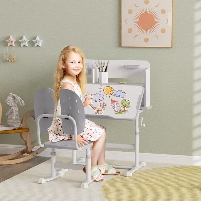 AIYAPLAY Height Adjustable Kids Desk and Chair Set with Tilting Top, Grey