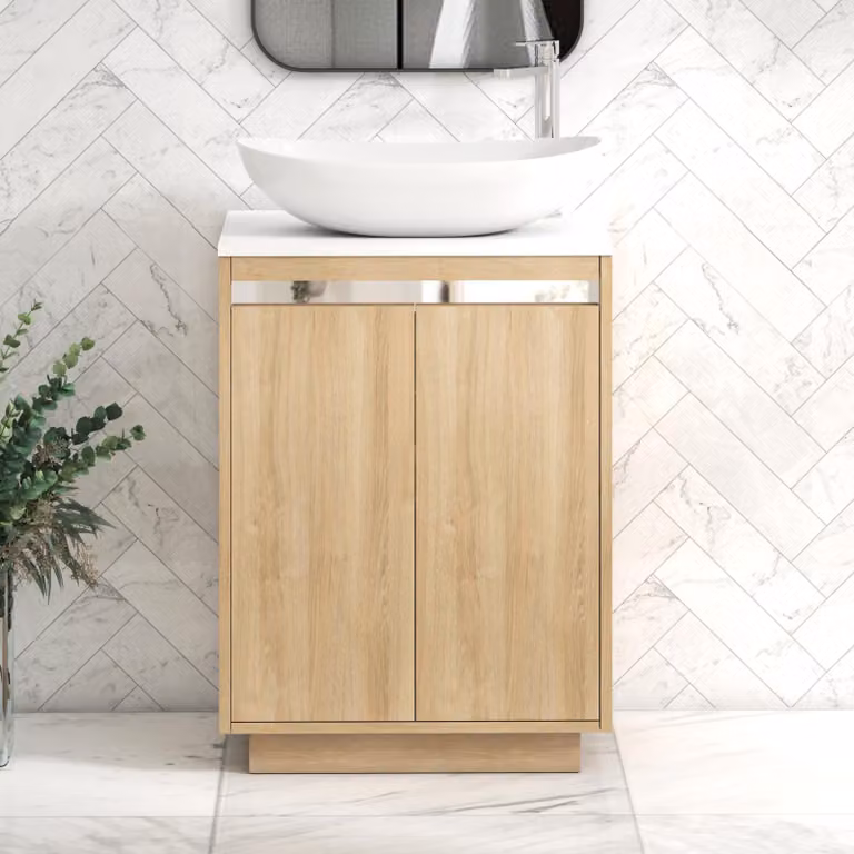 Royal Bathrooms Orion 600mm Natural Oak Floor Standing 2 Door Vanity Unit with Cesar Basin and Chrome Accent Trim