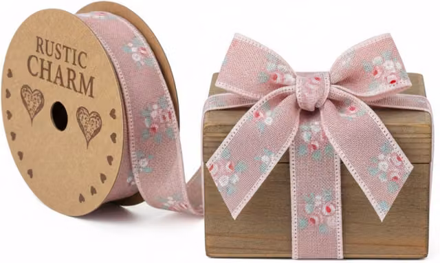 Kingsbury Gifts Vintage Elegance Linen Look Floral Ribbon, Pink, W: 25 mm, L: 10 m
