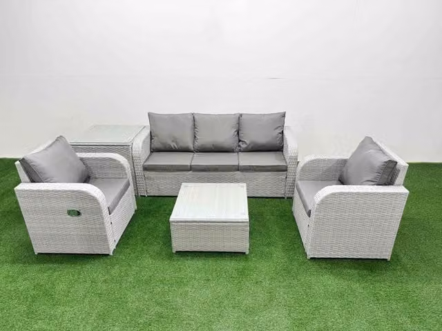 Fimous PE Rattan Garden Furniture Set in Light Grey with 3-Seater Sofa, Lounge Armchairs, Coffee Table and Side Table