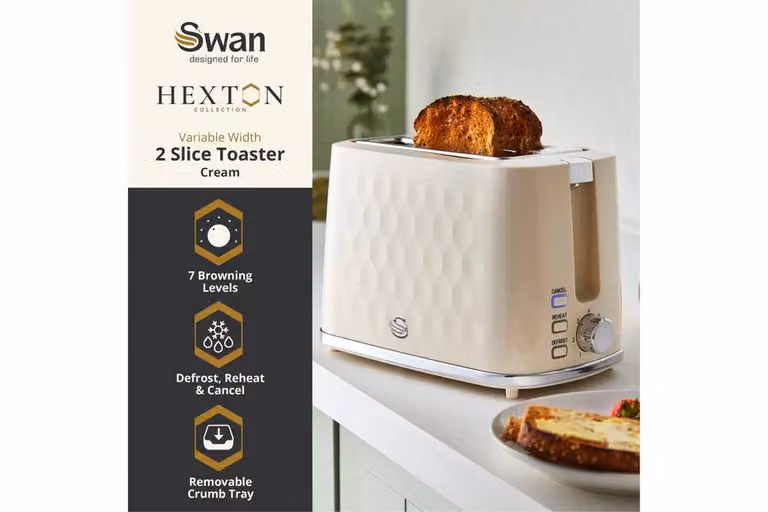 Swan Hexton Breakfast Essentials Bundle: 1.7L Rapid Boil Kettle and 2 Slice Toaster in Cream with Chrome Accents