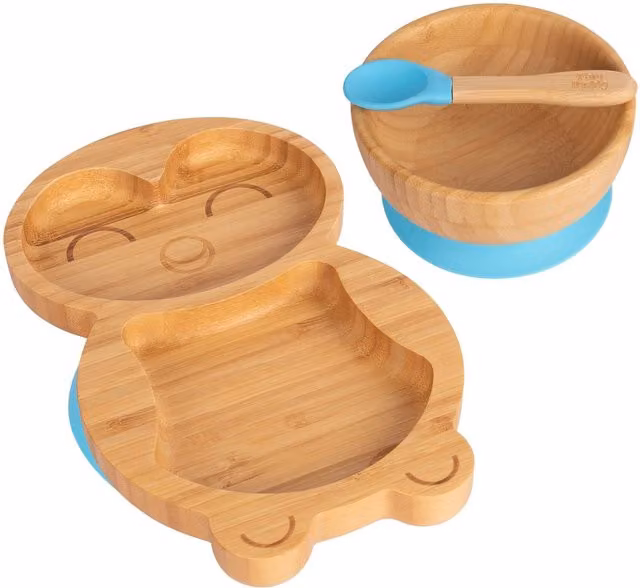 Tiny Dining 3pc Penguin Bamboo and Silicone Suction Feeding Set in Blue