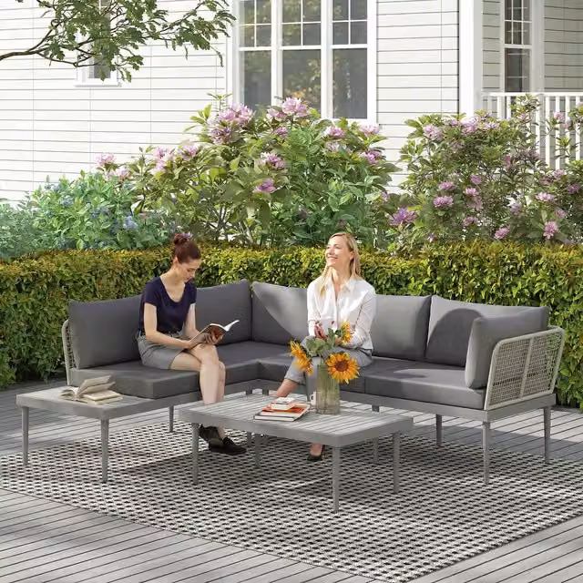 Outsunny 3 Piece L Shaped Rattan Garden Furniture Set with 2 Loveseats, Grey