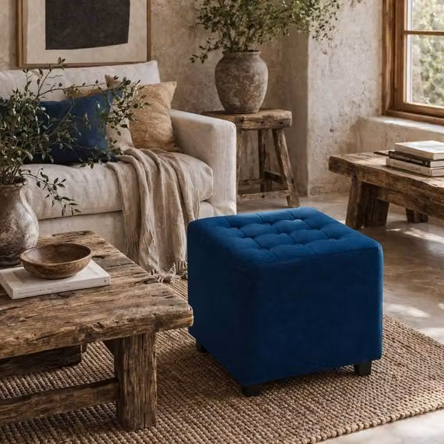 Wyld Haus Dimano Blue Velvet Diamond Tufted Square Ottoman with Wood Frame – 1