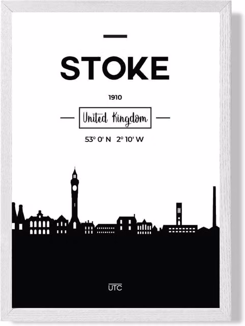 ARTZE Stoke Black and White City Skyline Framed Print with White Frame, A3