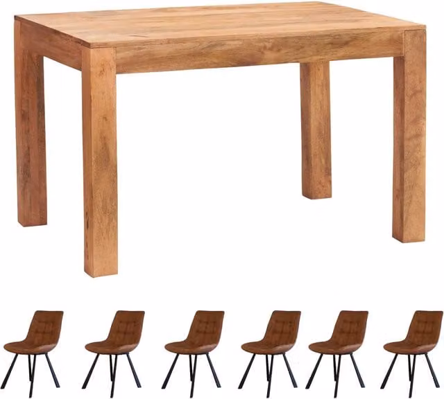 IH Design Dakota Light Mango Wood Dining Table Set with 6 Chairs in Brown