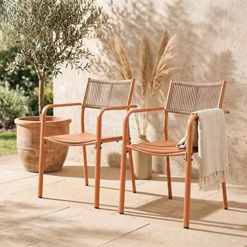 Core Products 3-Piece Bistro Garden Set with Round Metal Table and Two Rope-Effect Armchairs in White and Green – 3