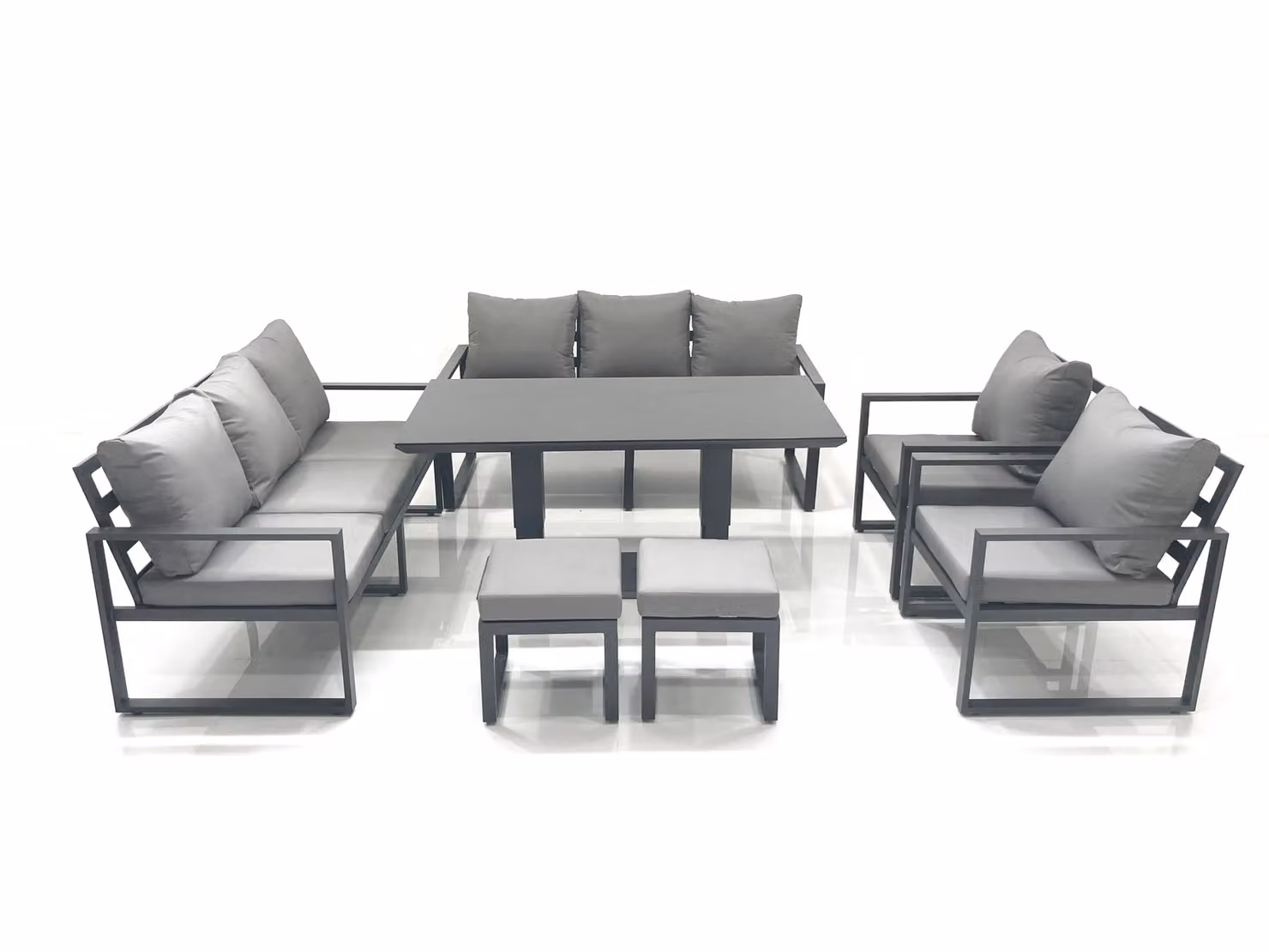 Fimous Garden Sofa Set with Height Adjustable Dining Table, 2 Chairs and 2 Footstools in Dark Grey Powder Coated Aluminium – 2
