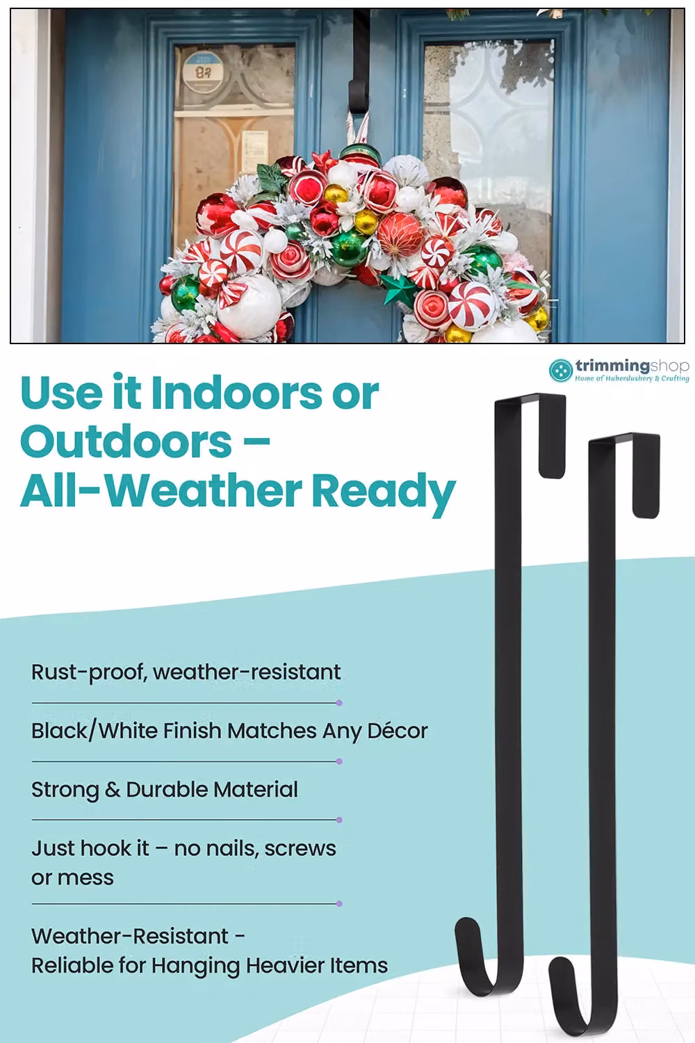 Neel Blue 2-Piece Set of White Metal Wreath Door Hangers with Black Adjustable Hooks – 3