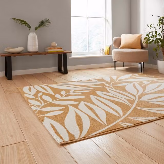Catherine Lansfield Sorral Leaves Botanical Ochre Floral Rug