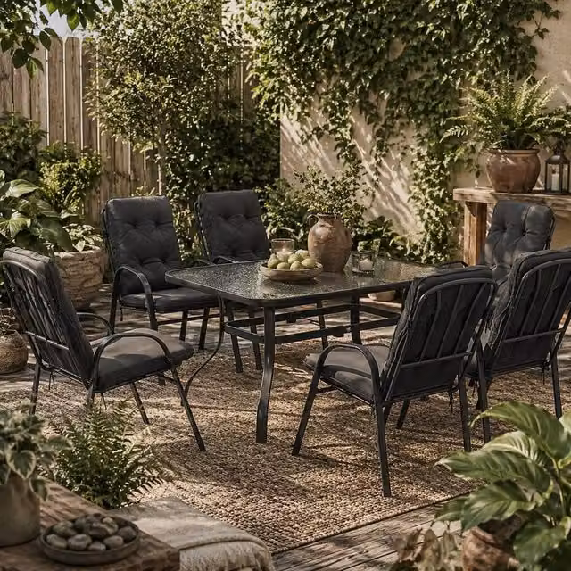 Wyld Haus Sahale 6 Seater Black Garden Dining Set with Glass Table and Padded Cushions – 1